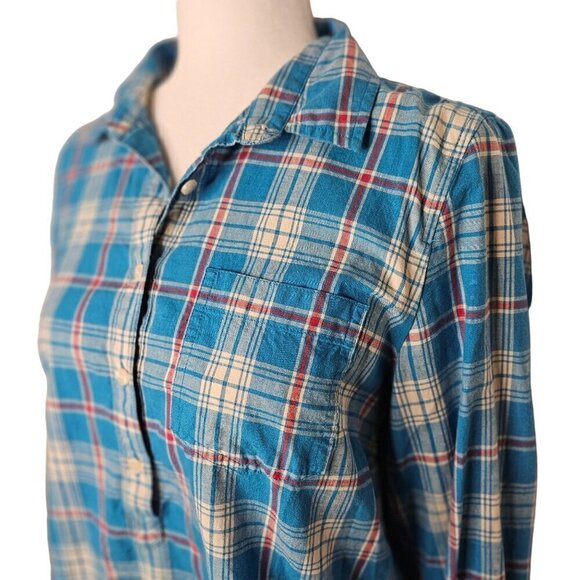 J. Crew Perfect Fit Plaid 1/4 Button Shirt Medium Cotton Blue/Red/White - Picture 2 of 8